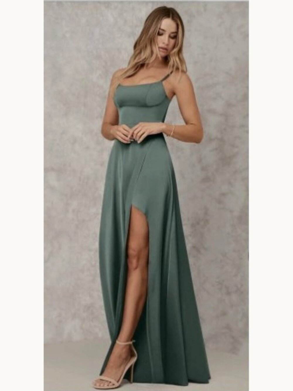 Azazie Satin Maxi Dress Eucalyptus Slit A-Line Formal Prom NWT 12 K+K Bridesmaid